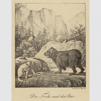 Inkunabel der Lithographie von Raphael Wintter: Der Fuchs und der Bär, 1816