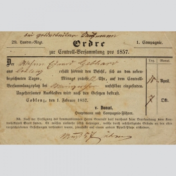 Ordre zur Controll-Versammlung pro 1857, Coblenz