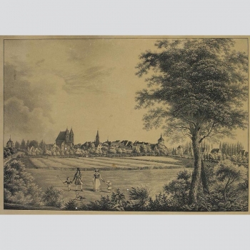 Der Familienausflug, Dorf im Hintergrund - schöner Punktierstich um 1800