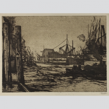 Busch: Hafenansicht mit Werft. Aquatintaradierung um 1920.