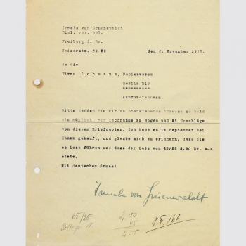 Irmela von Gruenewaldt - Brief, signiert 1935