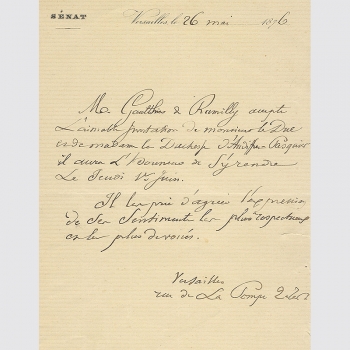 Hippolyte Gaulthier de Rumilly, frz. Politker, Brief 1876