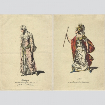 Zwei Kupferstiche Kostüme Theaterscenen um 1750, handkoloriert