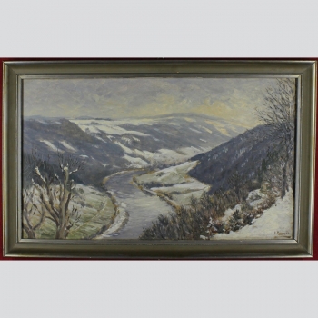 Berger, J.: Winterliche Gebirgslandschaft mit Flußlauf