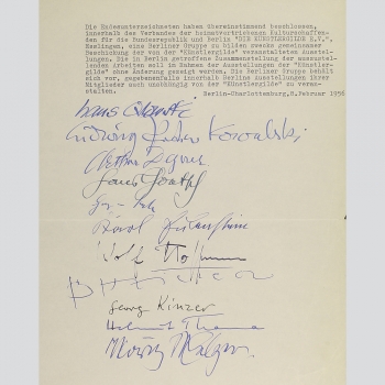 Gründung einer Künstlergruppe der heimatvertriebenen Künstler, div. Signaturen, 1956.