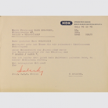 Hadank, O.H.W.: Brief an den Maler Professor Hans Orlowski. 1948.