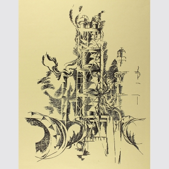 Blick durch Industrielandschaft, monogrammiert mit B