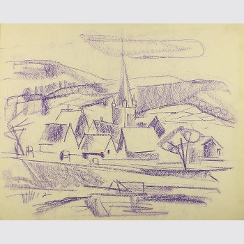 Bauer, Karlheinz: Blick auf die Stadt Waischenfeld. Expressive Kohlezeichnung.