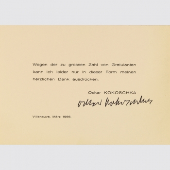 Kokoschka, Oskar: Originalsignatur auf Danksagungskarte 1964