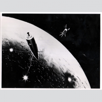 Artist's drawing of an instrument-carrying space vehicle approaching the moon.
