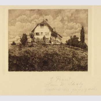 Ruest, Else: Landhaus auf Hügel. Widmungsblatt, Radierung