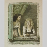 Mather, Arvid: Zwei Mädchen am Fenster. Sehr schöne Farb-Lithographie