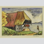 Schäfer, Herbert: Bauernhaus. Expressiver Linolschnitt, aquarelliert