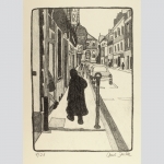 Jacke, Claus: Straßenansicht mit Personenstaffage. Original-Lithographie.