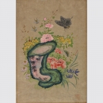 Schmetterlinge und Bienen am Blütenstrauch. Aquarellierter Holzschnitt, Asien