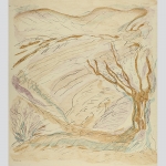 Hofmann, Sina: Knochiger Baum in Landschaft. Farblithographie.