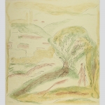 Hofmann, Sina: Figurine in hügeliger Landschaft. Farblithographie.