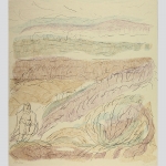 Hofmann, Sina: Figurine in Landschaft. Farblithographie.